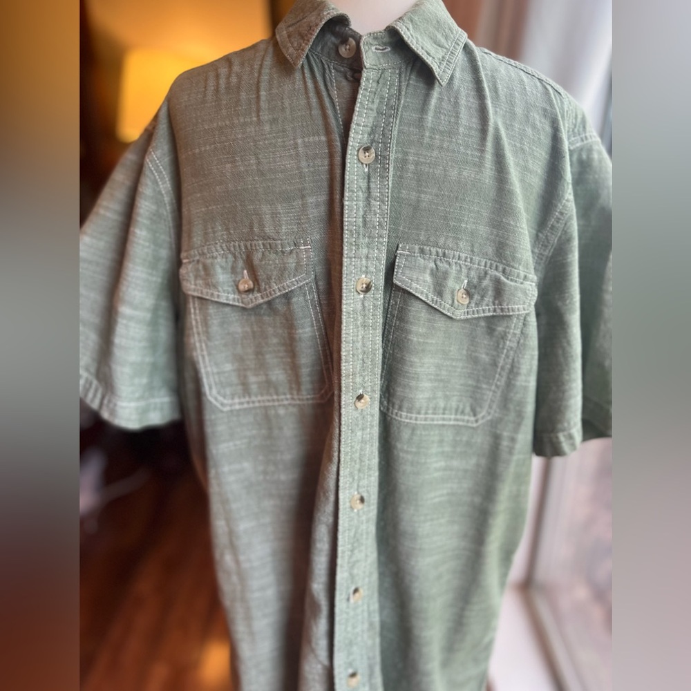 Woolrich Mens L Sage Green Cotton Button Up Shirt Outdoor Utility Casual Hiking